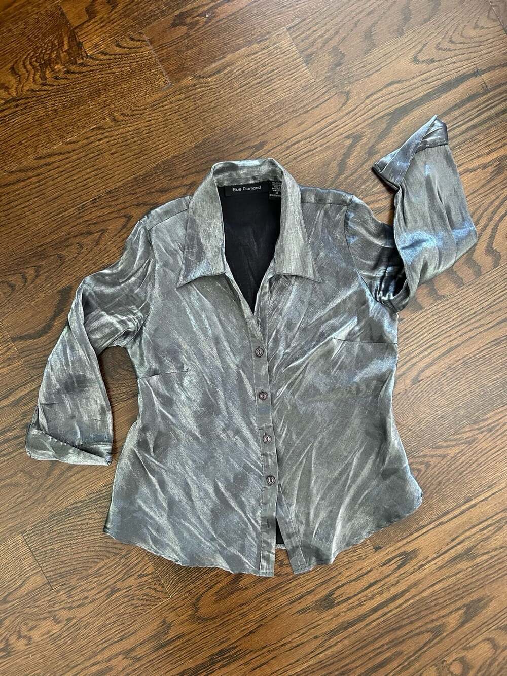 Blue Diamond Metallic Silver Gray Long Sleeve Button-Down Shirt Size M